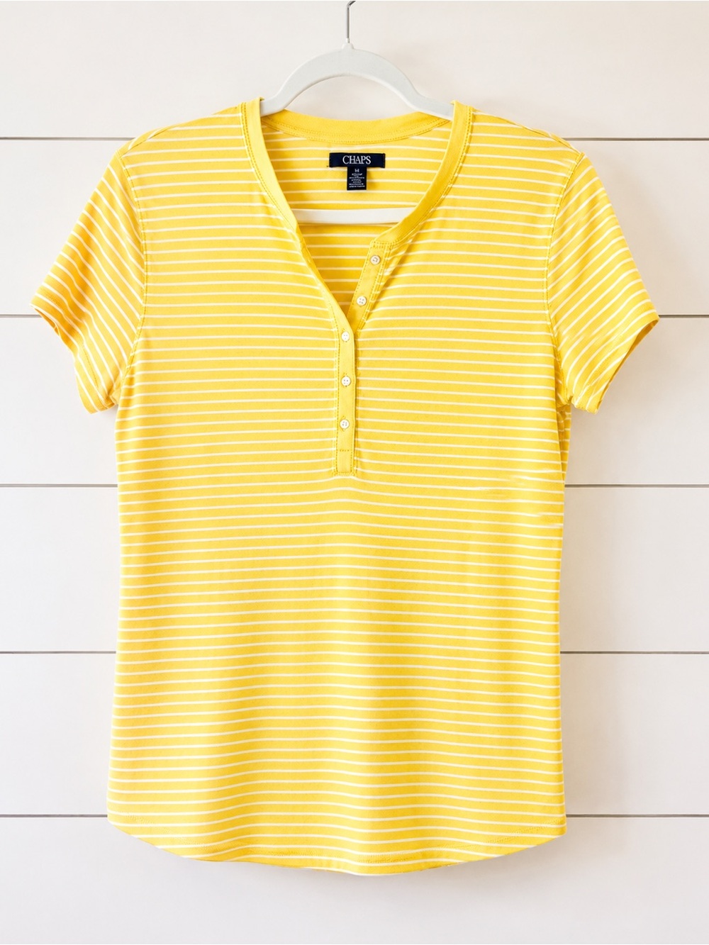 Chaps Yellow White Stripe Henley Tee Coastal Preppy Summer Top Size Large